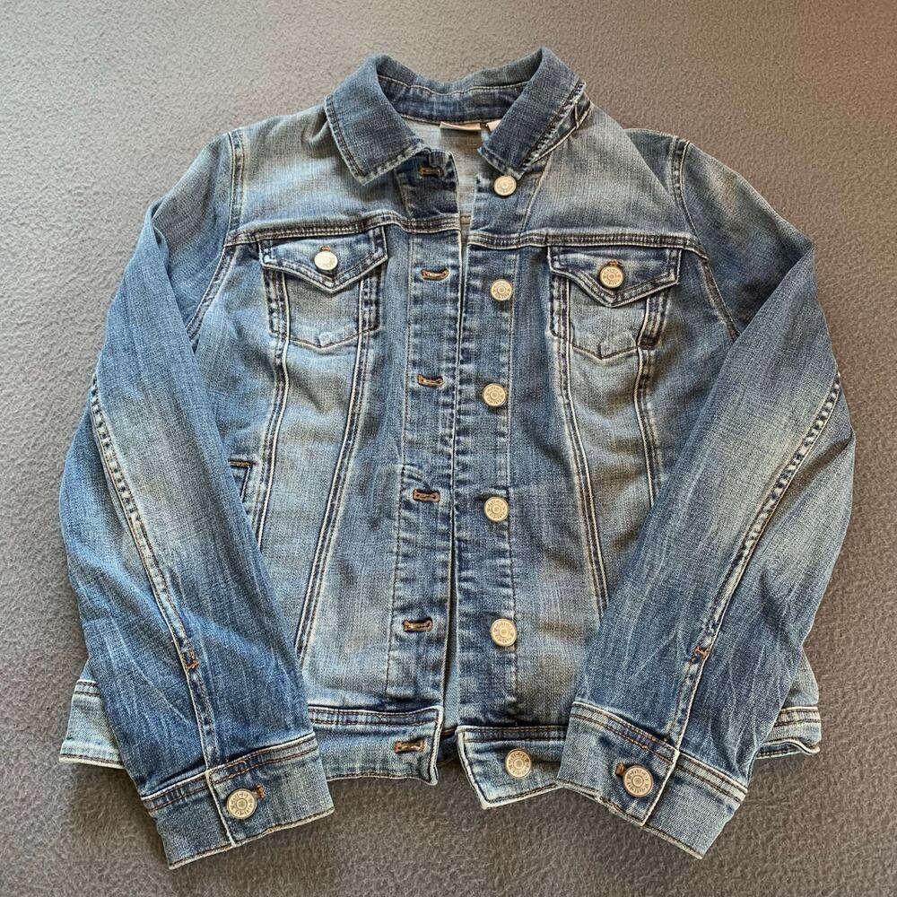 Chico's Denim Blue Jacket Size 0 (Us Equivalent to 4/6) Distressed Trucker